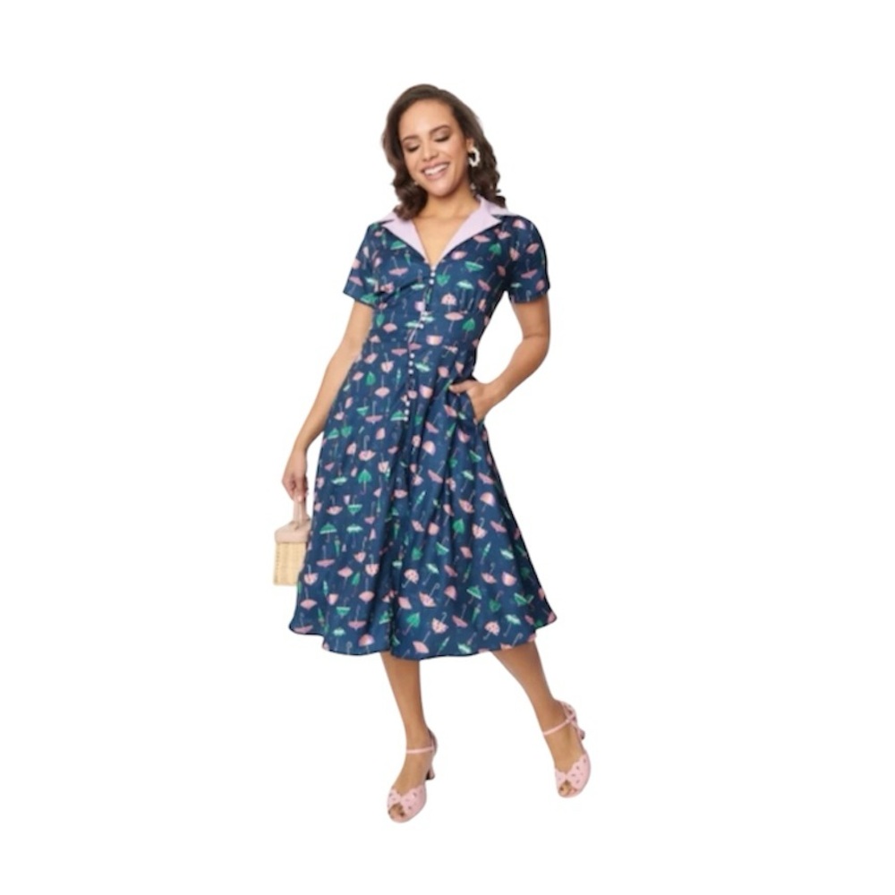 Unique Vintage Blue and Pink Midi Dress